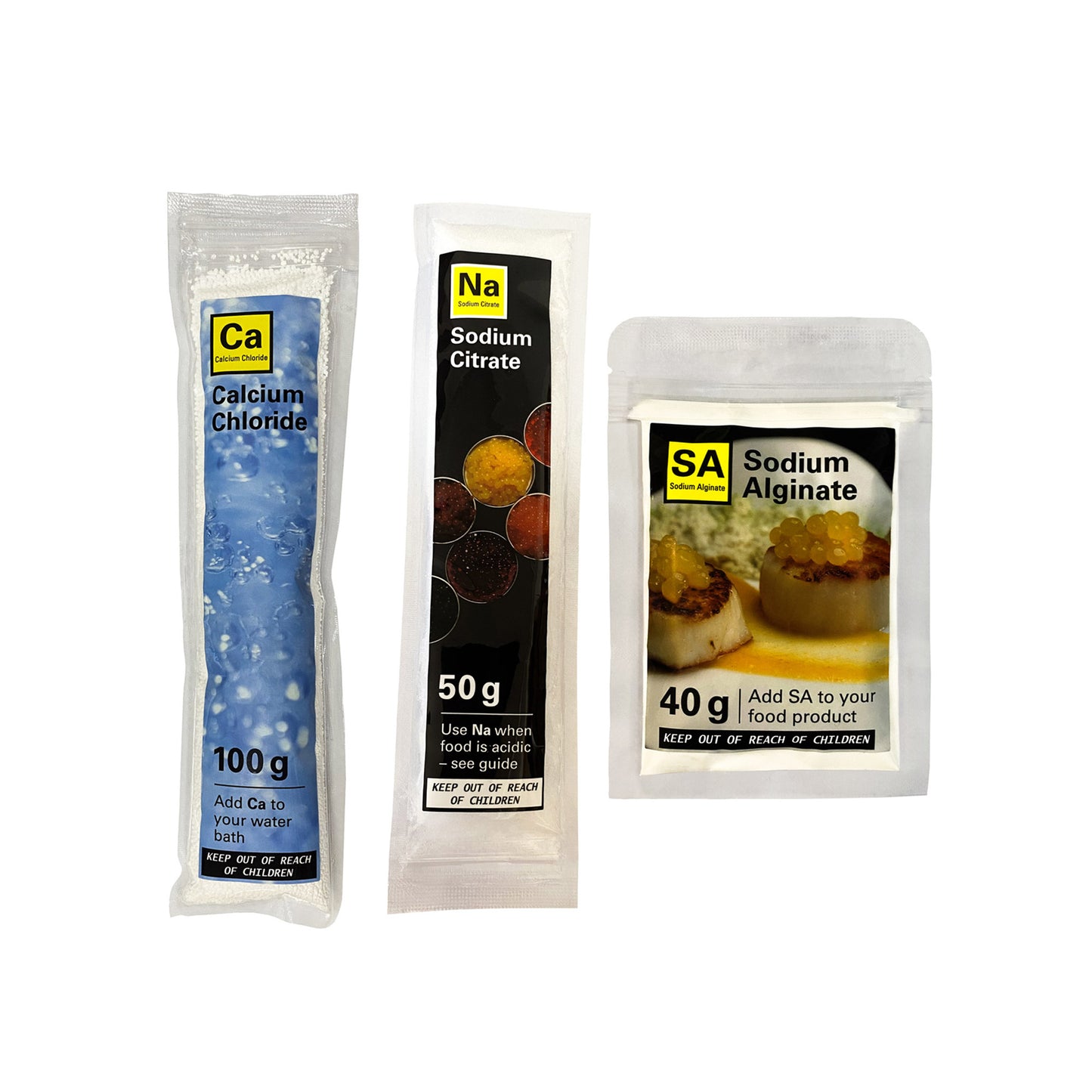 Calcium Chloride, Sodium Alginate, and Sodium Citrate for The Spherificator – Food-Grade Additives for Spherification and Molecular Gastronomy (100g, 40g, 50g, 3-Pack)